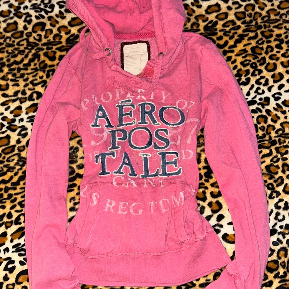 Y2k 2000s Aeropostale Pink and Navy Blue Embroidered Logo Hoodie